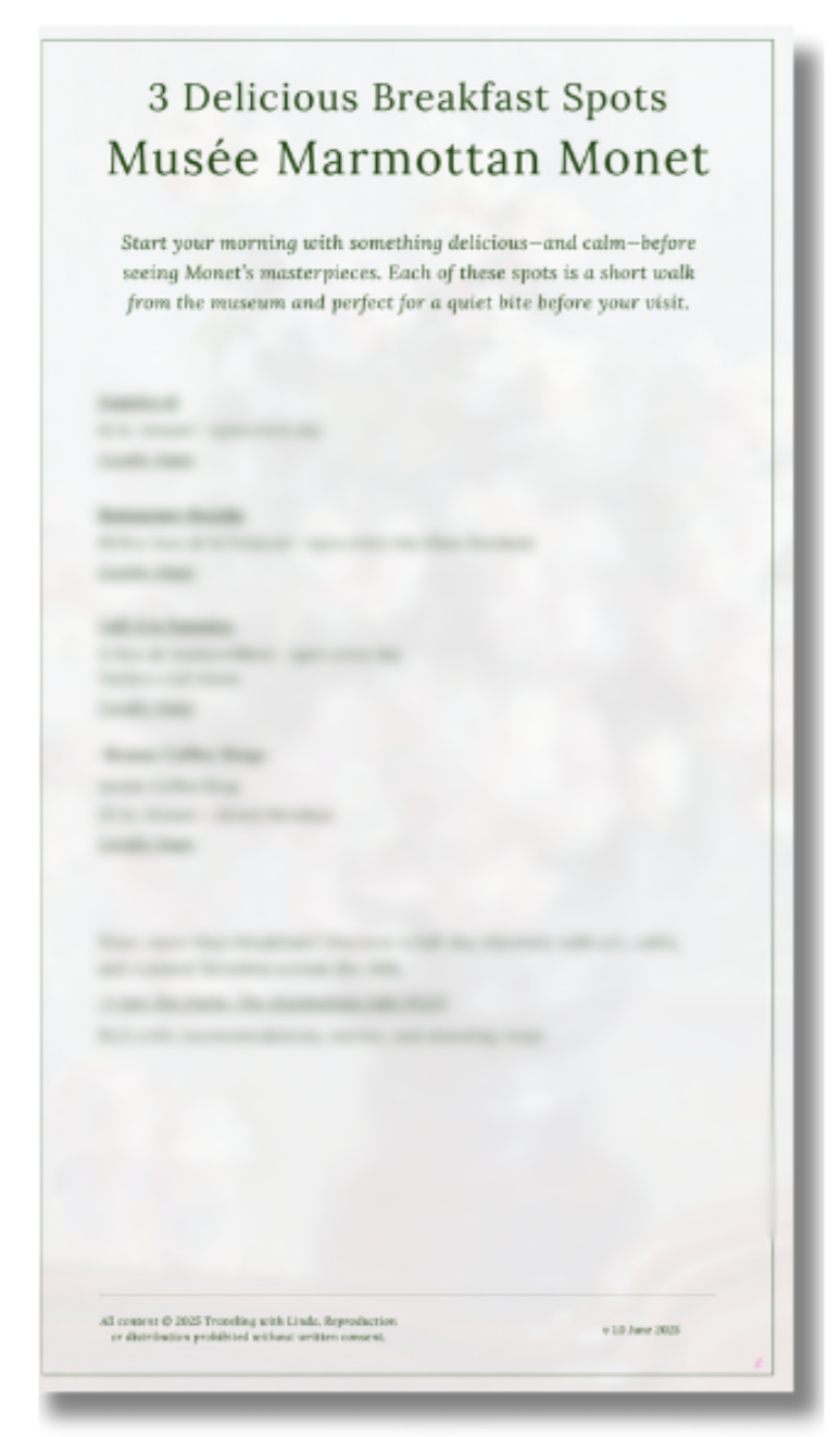 Free Guide: Breakfast Near the Marmottan PDF cover showing breakfast recommendations near the Musée Marmottan Monet in Paris, including cafés and a bonus coffee shop